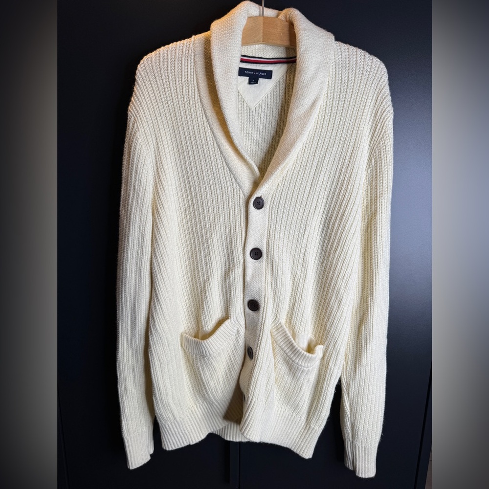 Tommy Hilfiger Men’s Medium Cream Shawl Collar Cable Knit Cardigan